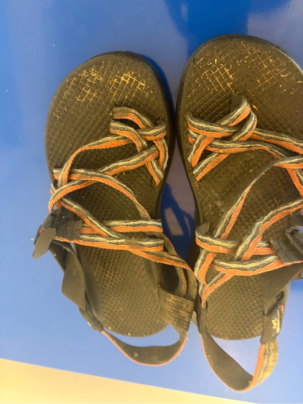 Chaco Women's Strappy Sandals in Black with Orange & Gray Braided Straps
